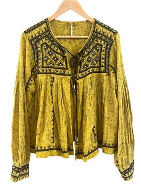 Free People Womens M Yellow Open Tie Front Embroidered Boho Peasant Blouse Top